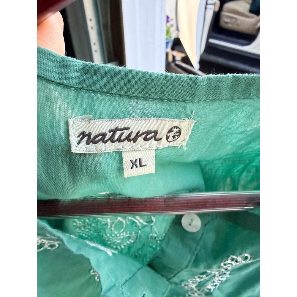 Natura Womens XL Teal Green Cotton Embroidered Boho Tunic Henley Long Top - Picture 5 of 6